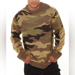 Nova Men Camo Crewneck Knit Sweater Army Green Long Sleeve Pullover Size XL